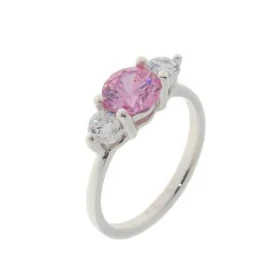 Bague Oxyde Zirconium, monture Argent 925 1 oxyde rose 7mm diamètre entouré e 2 oxydes blancs 4mm diamètre Lageur du motif...