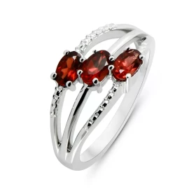 Bague Argent Rhodié 3 rangs Grenats Bague sertie trois pierres ovales 5x3mm Pierres serties à griffes Largeur bague (sur d...