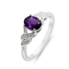 Bague Argent Rhodié Améthyste Ovale 7x5mm Bague sertie d une pierre ovale 7x5mm Corps motifs perlés Pierre sertie à griffe...
