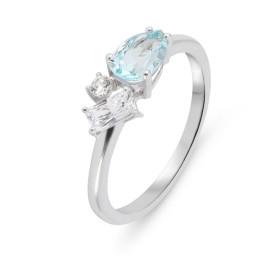 Bague Argent Rhodié 925 composé d une topaze bleue traitée forme poire 5x7mm, un oxyde zirconium rectangulaire 2,5x5mm un ...