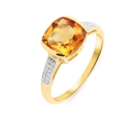 Bague Citrine Diamant Or Jaune 375 Cette bague Or 375 est sertie d une Citrine taille coussin La pierre mesure 8x8mm, elle...