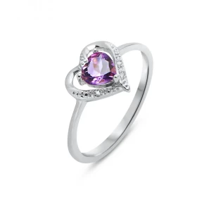 Bague Coeur Or blanc 375 Améthyste Diamant Monture forme coeur Or 375 (Or 9 carats) Pierre centrale taille coeur 5x5mm (0....