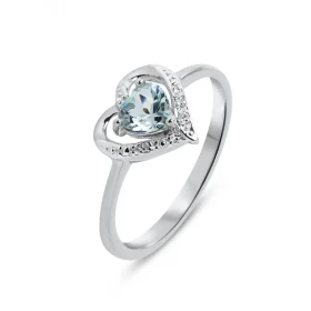 Bague Coeur Or blanc 375 Topaze Bleue Diamant Monture forme coeur Or 375 (Or 9 carats) Pierre centrale taille coeur 5x5mm ...