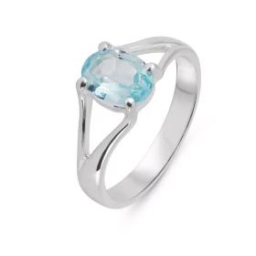 Bague Argent 925 Topaze Bleue Pierre ovale 8x6mm Serti à griffes