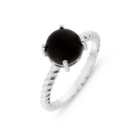 Bague Argent 925 rhodié Onyx Pierre ronde taille cabochon 8mm diamètre Serti 4 griffes Corps fil torsadée
