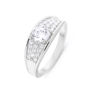  Bague Argent 925 rhodié Oxyde zirconium Pierre centrale 5,8mm entourrée d un pavage d oxydes zirconium Largeur bague (sur...