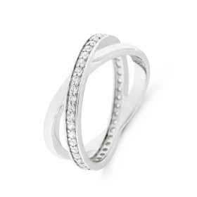 Bague Argent 925 rhodié Oxyde zirconium Bague moderne 2 anneaux entrelacés dont un est entièrement serti d oxydes Largeur ...