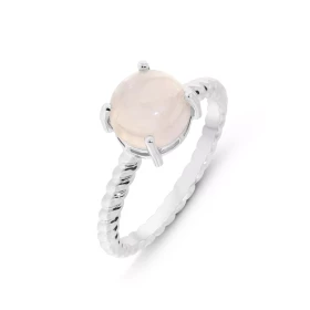 Bague Argent 925 rhodié Quartz Rose Pierre ronde taille cabochon 8mm diamètre Serti 4 griffes Corps fil torsadée