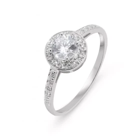  Bague or blanc 375 oxyde zirconium Pierre centrale ronde 5mm diamètre sertie à griffes Entourage composé 24 pierres 1mm s...