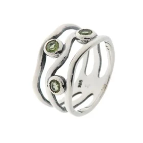 Bague Argent 925 Péridot , monture ouvragée style ethnique sertie 3 pierres 3mm 