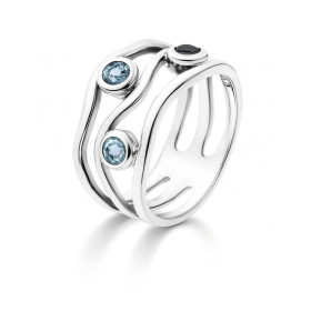 Bague Argent 925 Topaze bleue traitée, monture ouvragée style ethnique sertie 3 pierres 3mm 