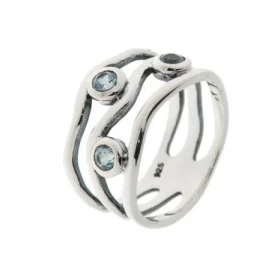 Bague Argent 925 Topaze bleue , monture ouvragée style ethnique sertie 3 pierres 3mm 