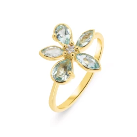 Bague Fleur Or Jaune 375 Topaze bleue traitée Diamant Motif fleur composé pierres formes navettes poires d un diamant son ...