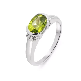 Bague Jonc Or Blanc 375 Péridot Ovale 8x6mm et Diamant 