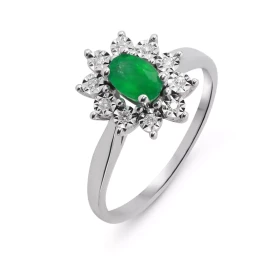 Bague Marguerite Or Blanc 750 Emeraude Diamants Bague Or Blanc 750 composée d une Emeraude ovale 6x4mm 10 diamants 1mm dia...