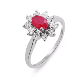 Bague Marguerite Or Blanc 750 Rubis Diamants Bague Or Blanc 750 composée d un Rubis ovale 6x4mm 10 diamants 1mm diamètre L...