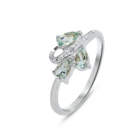 Bague Or blanc 375 Aigue Marine Diamant Monture Or 375 (Or 9 carats) 3 pierres taille poire 5x3mm 3 diamants 1mm