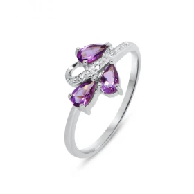 Bague Or blanc 375 Améthyste Diamant Monture Or 375 (Or 9 carats) 3 pierres taille poire 5x3mm 3 diamants 1mm 