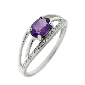 Bague Or blanc 375 sertie d une améthyste ovale 7x5mm 5 diamants Largeur bague (sur doigt, vue dessus) : 7,1mm Poids Diama...