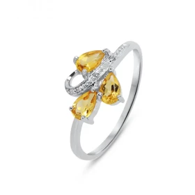 Bague Or blanc 375 Citrine Diamant Monture Or 375 (Or 9 carats) 3 pierres taille poire 5x3mm 3 diamants 1mm