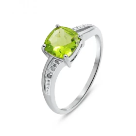 Bague Or blanc 375 Péridot Coussin 7x7mm Diamant Monture Or 375 (Or 9 carats) Pierre centrale taille coussin 7x7mm (2.35 c...