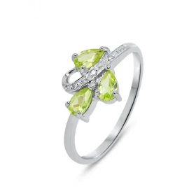 Bague Or blanc 375 Péridot Diamant Monture Or 375 (Or 9 carats) 3 pierres taille poire 5x3mm 3 diamants 1mm