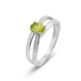 Bague Or Blanc 375 Péridot Ovale 6x4mm Diamant Bague Or Blanc 375 sertie d une pierre ovale 6x4mm Anneau serti 4 diamants ...