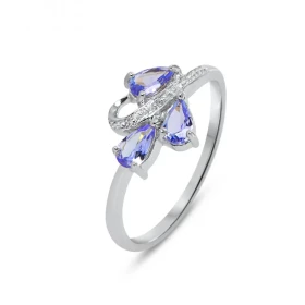  Bague Or blanc 375 Tanzanite Diamant Monture Or 375 (Or 9 carats) 3 pierres taille poire 5x3mm 3 diamants 1mm 