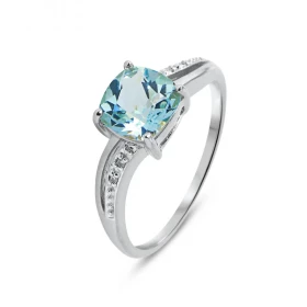 Bague Or blanc 375 Topaze Bleue Coussin 7x7mm Diamant Monture Or 375 (Or 9 carats) Pierre centrale taille coussin 7x7mm (2...