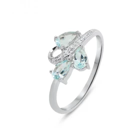 Bague Or blanc 375 Topaze Bleue Diamant Monture Or 375 (Or 9 carats) 3 pierres taille poire 5x3mm 3 diamants 1mm