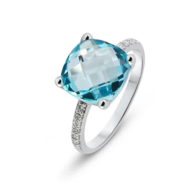 Bague Or Blanc 375 Topaze bleue traitée Coussin 10x10mm Diamant Bague Or Blanc 375 sertie d une pierre taille coussin 10x1...
