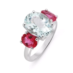  Bague Or Blanc 750 Aigue Marine Tourmaline Rose Bague originale type trilogie Aigue marine ovale 11x9mm sertie à griffes ...