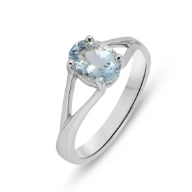  Bague Or Blanc 750 sertie d une Aigue Marine Pierre ovale 8x6mm (1.2 carat) Serti à 4 griffes 