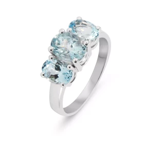  Bague Or Blanc 750 Aigues Marines ovales Bague Or Blanc 750 (Or 18 carats) Monture type trilogie Pierre centrale : Aigue ...