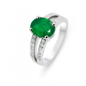  Bague Or Blanc 750 sertie d une émeraude ovale diamants Pierre ovale 9x7mm sertie à 4 griffes Qualité émeraude : AAA Ento...