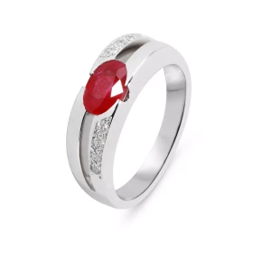  Bague Or Blanc 750 Rubis Ovale 7x5mm diamants Bague sertie d un Rubis ovale 7x5 mm (0.9 carat) qualité AAA Pavage asymétr...