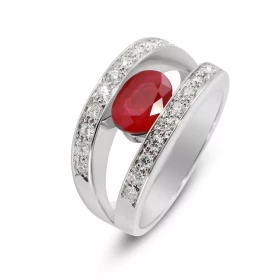 Bague Or Blanc 750 Rubis Ovale 8x6mm diamants Bague sertie d un Rubis ovale 8x6 mm (1.6 carat) Entourage composé 20 diama...