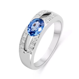  Bague Or Blanc 750 sertie d un Saphir Ceylan Ovale 8x6mm 12 diamants 1,5mm Poids Saphir : 1.15 carat Poids total diamant ...