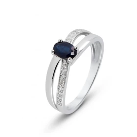 Bague Or Blanc 750 Saphir Ovale 6x4mm Diamant Bague Or Blanc 750 sertie d une pierre ovale 6x4mm (0.6 carat) Anneau serti ...