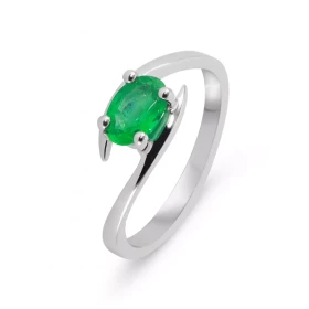  Bague Or Blanc sertie d une émeraude ovale 7x5mm (0,7 carat) Monture solitaire croisé 