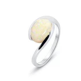  Bague Or Blanc 750 sertie d une opale Pierre ovale taille cabochon 10x8mm Poids l opale : 1.3 carat Sertissage demi clos 