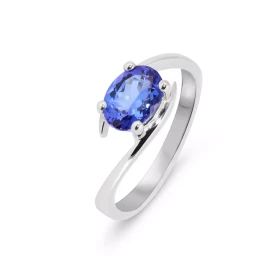  Bague Or Blanc sertie d une Tanzanite AAA ovale de 8x6mm (1 carat) Serti à griffes Monture croisée 