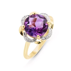Bague Or Jaune 375 Améthyste 10mm Diamant Améthyste ronde 10mm sertie à griffes Poids Améthyste : 2.4 carats Entourage com...