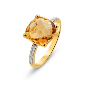 Bague Or Jaune 375 Citrine Cousin 10x10mm Diamant Bague Or Jaune 375 sertie d une pierre taille coussin 10x10mm Entourage ...