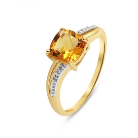 Bague Or jaune 375 Citrine Coussin 7x7mm et Diamant