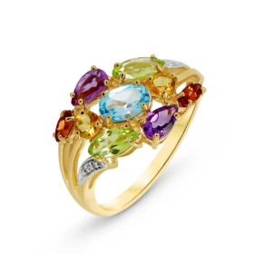  Bague Or jaune 375 pierres fines Cette bague Or jaune 375 est ornée d une pierres fines differentes formes couleurs (gren...