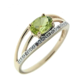 Bague Or jaune 375 sertie d un péridot ovale 7x5mm 5 diamants Largeur bague (sur doigt, vue dessus) : 7,1mm Poids Diamant ...