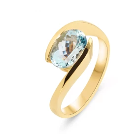  Bague Or Jaune 750 sertie d une Aigue Marine Ovale 9x7 mm (1.8 carat) Serti demi clos Corps croisé 
