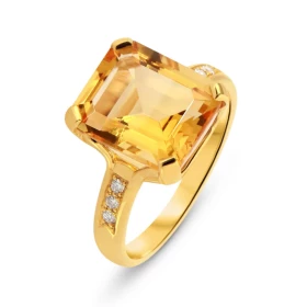  Bague Or Jaune 750 Citrine RPC 12x10mm Diamant Bague est sertie d une Citrine rectangulaire 12x10 mm (5.4 carats) 3 diama...