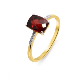 Bague Or Jaune 750 Grenat Coussin 8x6mm Diamant Grenat taille dôme 1,9 carat serti à griffes 8 diamants 0,8mm diamètre ser...